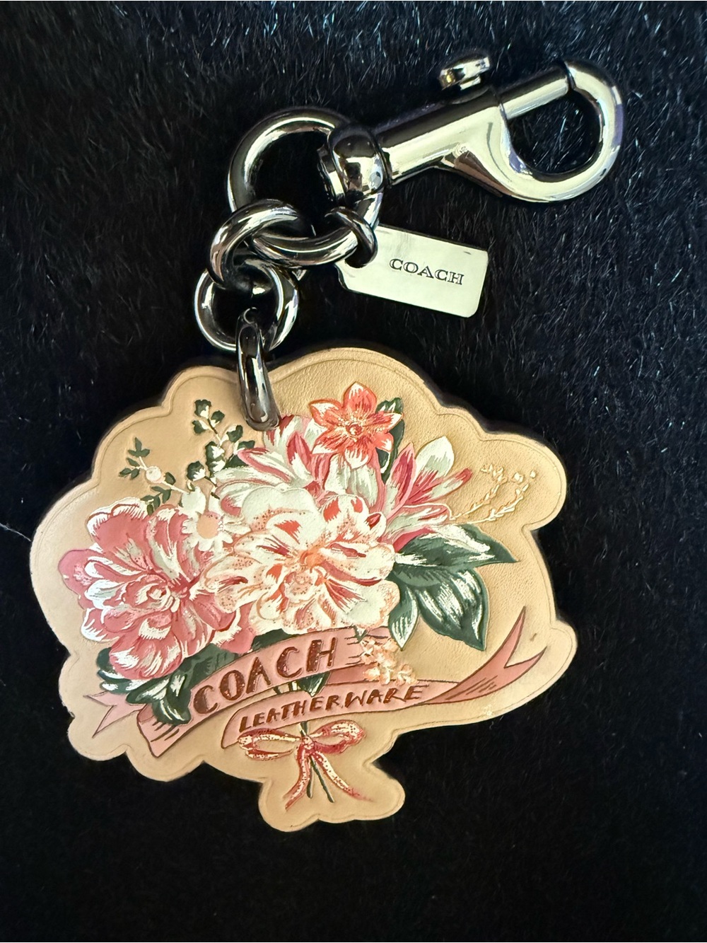Coach Floral Leather Bag Charm Keychain Pink Peony Bouquet